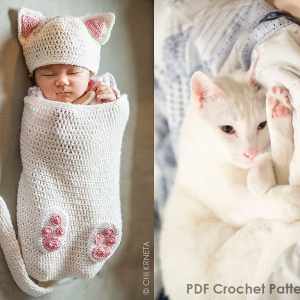 Baby Cat Cocoon Hat & Booties Crochet Pattern