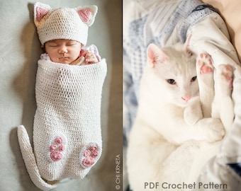 Chapeau cocon bébé chat et chaussons au crochet