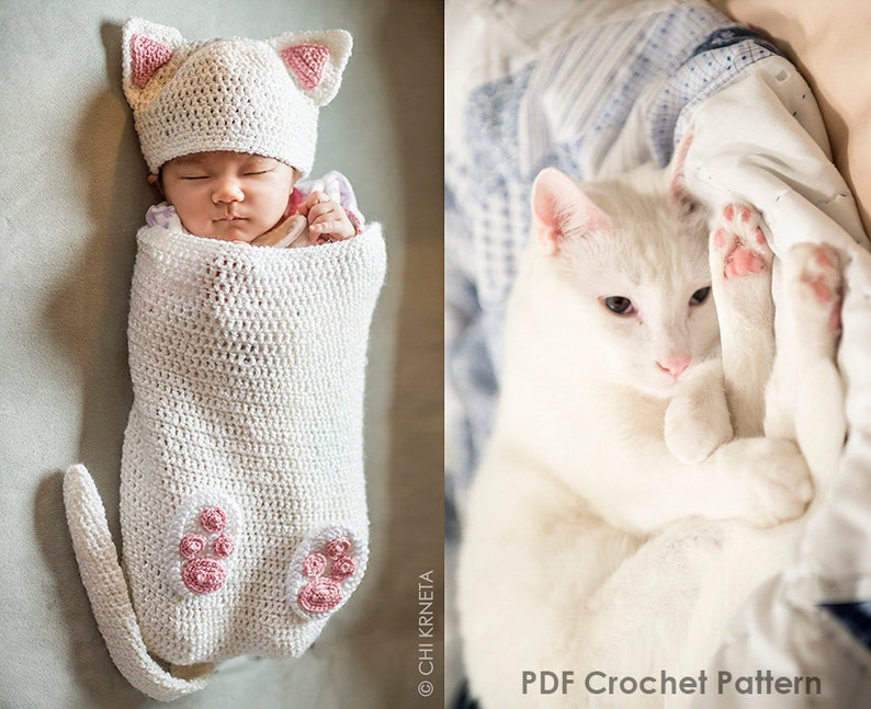 Baby Cat Cocoon Hat & Booties Crochet Pattern image 1