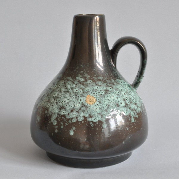 ES Keramik Vintage Handled Vase West German Pottery Mid century Modern Studio Art Black and Green Vase 70s