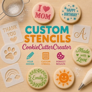 Pode incluir: Uma coleção de estênceis de plástico quadrados e circulares para decorar biscoitos, com vários designs como uma pegada, arco-íris e texto. Inclui biscoitos decorados, uma peneira de metal e um saco de confeitar.