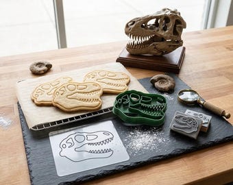 T-Rex Skull Fossil Cookie Cutter and Stamp Set, Dinosaur Baking Tool