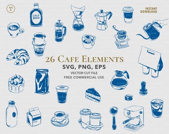 Coffee Doodle Clipart Bundle: Cafe Line Art Illustrations (SVG, PNG, EPS)