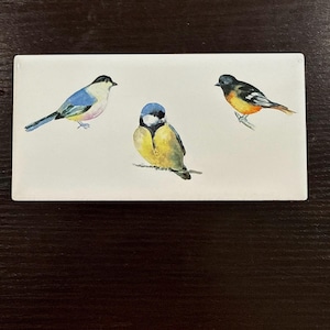 May include: A rectangular white ceramic tile featuring watercolor illustrations of three different birds. The birds are in shades of blue, yellow, orange, and black. The tile is set against a dark brown wooden surface.