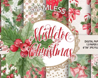 Watercolor "Mistletoe Christmas" hand painted digital papers, pine branches, christmas, watercolor flower, floral, christmas backgrounds