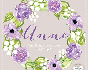 Watercolor Rose clipart, Purple flower clipart, Purple Flower, Leaf clipart,  Wedding Clip Art, wedding invitation, watercolor flower