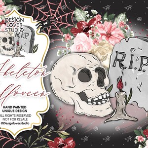Skeleton Halloween  design clip arts, pumpkin, halloween, spider, leaves, hand painted design
