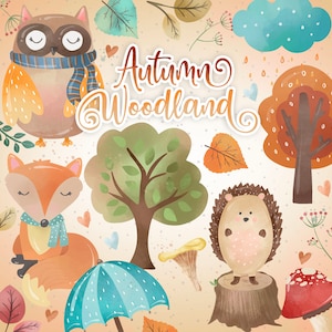 Autumn Woodland design, Autumn Leaves, Fall, fall clipart, thanksgiving, leaves, clip art, pumpkin, hedgehog, fox, owl