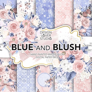 Aquarell BLAU und BLUSH digitale Papierpackung, Blumen, Pfingstrosen, Blumen, Blätter digitales Papier, Blumenmuster, nahtloses Muster, Rosen