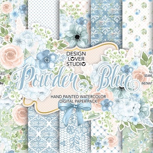 Watercolor POWDER BLUE  digital paper pack, bow, hydrangea, bird, bouquets, leaves digital paper, Floral pattern, seamless pattern, roses