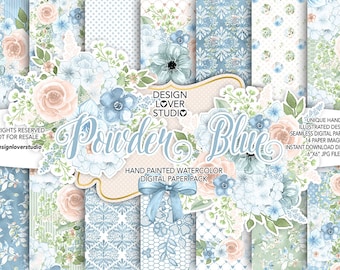 Watercolor POWDER BLUE  digital paper pack, bow, hydrangea, bird, bouquets, leaves digital paper, Floral pattern, seamless pattern, roses