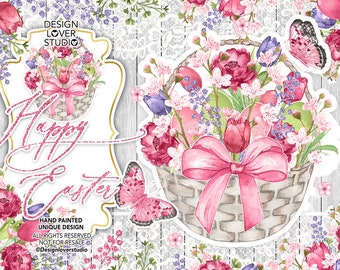 Happy easter Rustic design, spring watercolor flower, Floral Clipart, Easter Clip Art, wedding, frames, easter egg