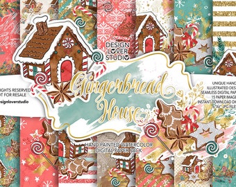 Sin IA, 100% pintado a mano, paquete de papel digital con diseño de casa de jengibre, flor navideña, dulces navideños, floral, casa navideña, dorado