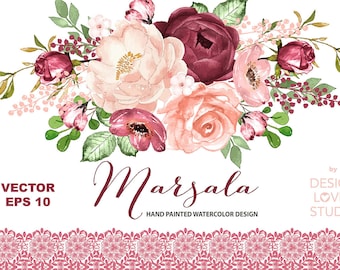 Vector Watercolor MARSALA Dreams design, spring watercolor flower, Pink blush Floral Clipart, Wedding Clip Art, wedding, Rose blush, lace