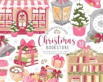 SIN IA, imágenes prediseñadas de librería navideña 100% dibujadas a mano, imágenes prediseñadas de librería navideña acogedora, libros de Navidad, imágenes prediseñadas navideñas vintage, estilo literario navideño