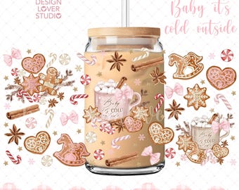 SIN IA, Envoltorio para taza de galleta de jengibre rosa Christmas Coquette, Envoltorio para taza navideña Christmas Christmas, Envoltorio para lata de chocolate caliente Christmas Cozy Christmas