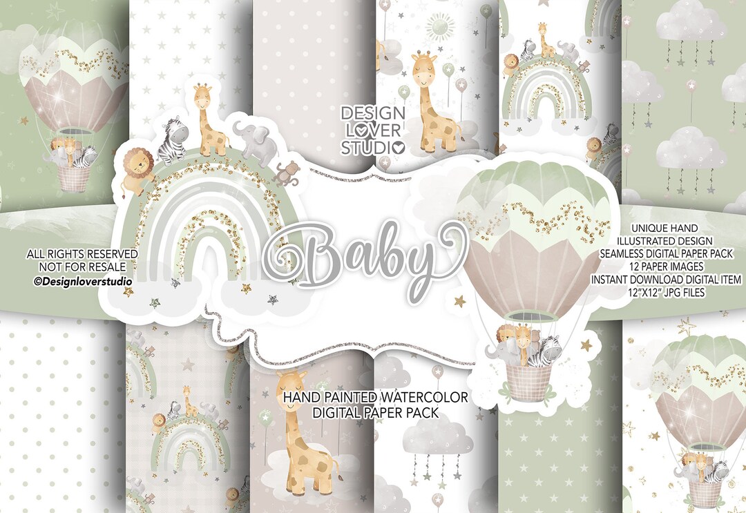 Pattern Baby Green Nursery Baby Green Rainbows Digital Paper Pack, Baby Nursery, Rainbow ...