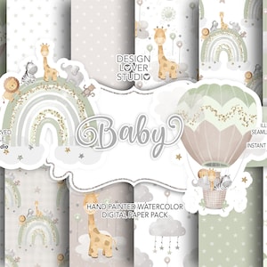 Paquete de papel digital Nursery Baby Green Rainbows, guardería para bebés, arco iris, patrón de bebé, patrón, bebé de guardería, arco iris