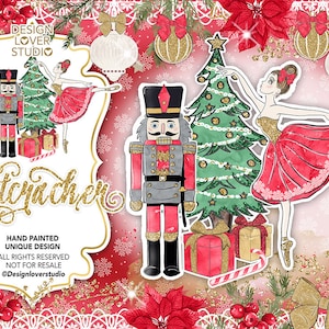 Design de quebra-nozes Clip arts vermelhos, flor de natal, presente de natal, floral, árvore de natal, glitter dourado, bola, feriado