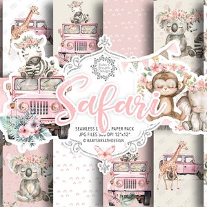 Paquete de papel digital con animales de safari en color rosa, patrón de guardería de safari en acuarela, aventura de safari, safari, animales de la jungla, recorrido de safari