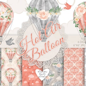 Watercolor Hot Air balloon flowers digital paper, Balloon pattern, seamless pattern, Repeatable Digital Paper, coral red, gray, damask
