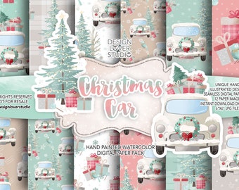 Può includere: Un pacchetto di carta digitale con 12 motivi senza cuciture che presentano un'auto bianca decorata con una ghirlanda e luci di Natale, regali e un albero di Natale. I motivi sono in tonalità di verde, rosa e bianco. Il testo "Christmas Car" è in un font rosa e bianco.