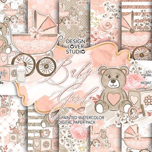 Baby Girl digital paper pack, Baby background, Cute Baby Bear pattern, Sleeping Baby paper, Children digital paper pack