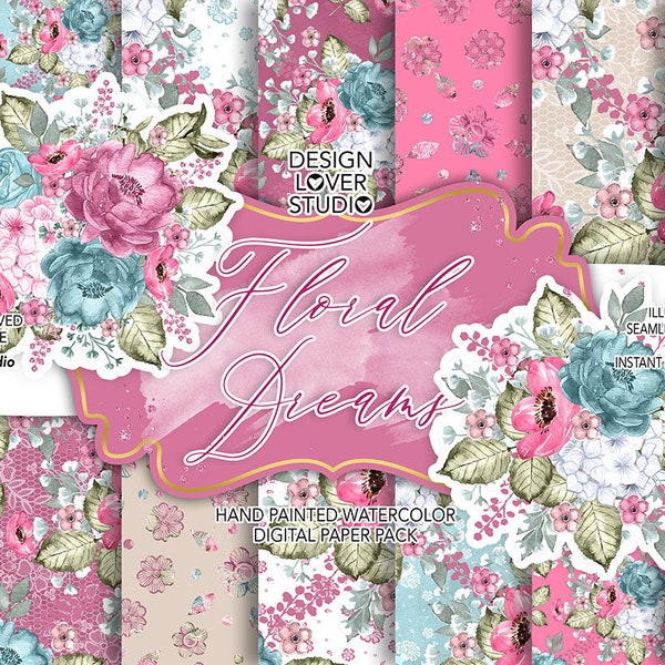 Watercolor Floral Dreams digital paper pack, summer, autumn watercolor flower, Pink blush Floral background, Wedding pattern, wedding