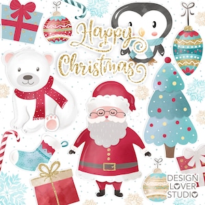 May include: A set of digital clipart featuring a variety of Christmas themed illustrations, including a polar bear, Santa Claus, a penguin, a Christmas tree, ornaments, and gifts. The illustrations are in a watercolor style and have a festive feel.