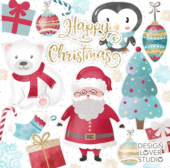 Happy Christmas digital design, Xmas clipart, Cute Christmas clipart, polar bear clipart, Holiday Clipart, christmas tree clipart