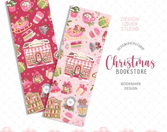 Marcapáginas navideño de librería, 100% dibujado a mano, sin IA. Marcapáginas acogedor para librería navideña. Libros de Navidad. Marcapáginas navideño vintage.