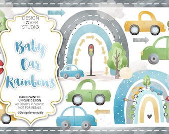 May include: Watercolor illustration featuring baby cars, rainbows, trees, and road elements. The image includes a stop sign and a traffic light. Text on the image reads "Baby Car Rainbows" and "Hand Painted Unique Design". The color palette includes blue, yellow, and green.