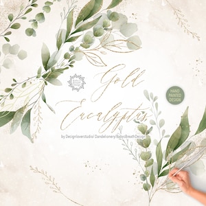 Clipart de vegetação, glitter dourado, clipart de eucalipto em aquarela, folhagem de ouro, clipart de casamento, clipart botânico, clipart de aquarela