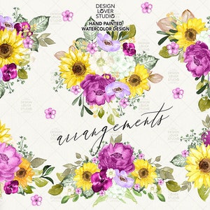 Watercolor SUMMER ROMANCE design, spring watercolor flower, Sunflower  Floral Clipart, Wedding Clip Art, wedding, frames,