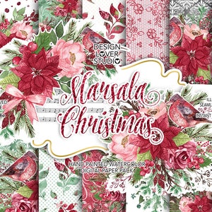 Watercolor Marsala Christmas hand painted digital papers, pine branches, christmas, watercolor flower, floral, christmas backgrounds image 1