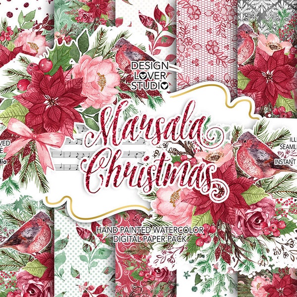 Watercolor "Marsala Christmas" hand painted digital papers, pine branches, christmas, watercolor flower, floral, christmas backgrounds