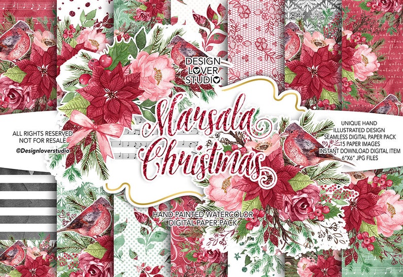 Watercolor Marsala Christmas hand painted digital papers, pine branches, christmas, watercolor flower, floral, christmas backgrounds image 1