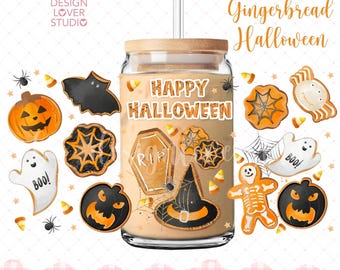 SIN IA, Envoltorio de lata de vidrio de Halloween con diseño de pan de jengibre PNG, Fantasma de pan de jengibre, Halloween espeluznante, Fantasma de galleta, Bibliotecaria linda, Envoltorio de lata de vidrio imprimible