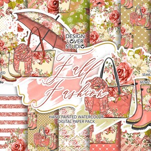 水彩画「秋のファッション」手描きデジタルペーパーパック、秋、傘、コーラルレッド、水彩画のスカーフ、手描きデザイン