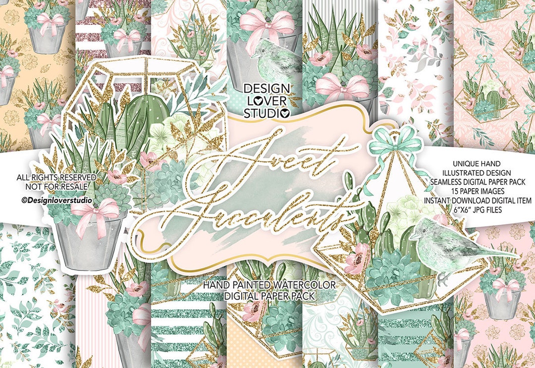 Sweet Succulent Digital Paper Pack, Spring Watercolor Flower, Mint ...
