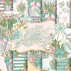 Sweet Succulent Digital Paper Pack, Spring Watercolor Flower, Mint ...