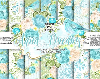 Aquarell AQUA DREAMS digitale Papierpackung, Blumen, Pfingstrosen, Blumensträuße, Blätter digitales Papier, Blumenmuster, nahtloses Muster, Rosen