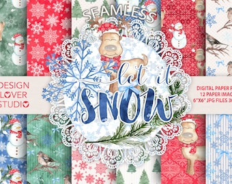 Watercolor "Let it snow" hand painted digital papers, pine branches, christmas, watercolor flower, floral, christmas backgrounds