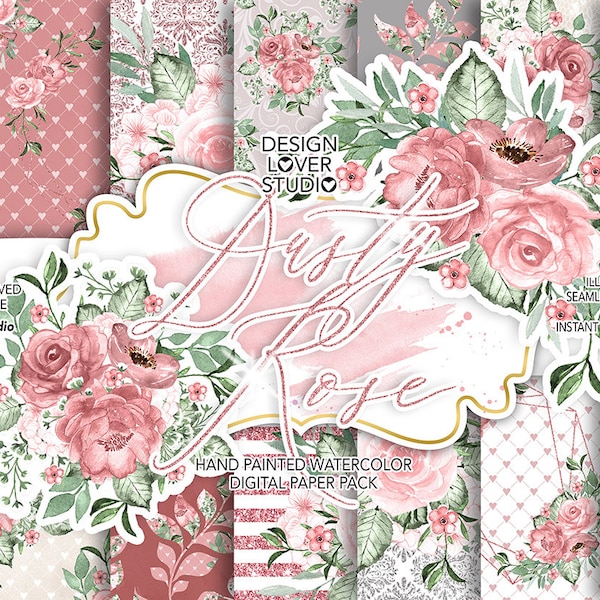 Watercolor Dusty Rose Garden digital paper pack , spring watercolor flower, Blush Floral paper, Wedding pattern, wedding, frames, geometric