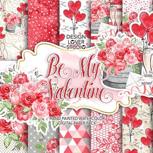 Be My Valentine diseño papel digital, papel digital de acuarela romántica, ramo, caja de rosas, rosas, lazo, carta, globo de corazones