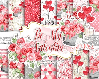 Diseño de papel digital "Sé mi San Valentín", papel digital romántico de acuarela, ramo, caja de rosas, rosas, lazo, carta, globo de corazones