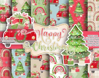 SIN IA, 100% dibujado a mano, paquete de papel digital de coches con arcoíris navideños, imágenes prediseñadas navideñas, lindo patrón navideño, papel festivo, patrón sin costuras