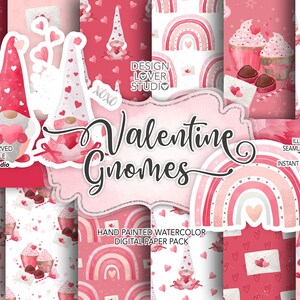 Valentine Rainbows Gnomes paquete de papel digital, patrón, papel de acuarela romántica, arco iris, regalo, rosas, arco, carta, globo de corazones