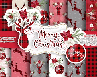 Checkered Christmas digital paper pack, Xmas pattern, Cute Christmas pattern, deer digital, Holiday pattern, mistletoe paper
