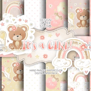 Paquete de papel digital Nursery Baby Girl Rainbows Bear, vivero de niña bebé, arco iris, patrón de bebé, imágenes prediseñadas, bebé de guardería, arco iris